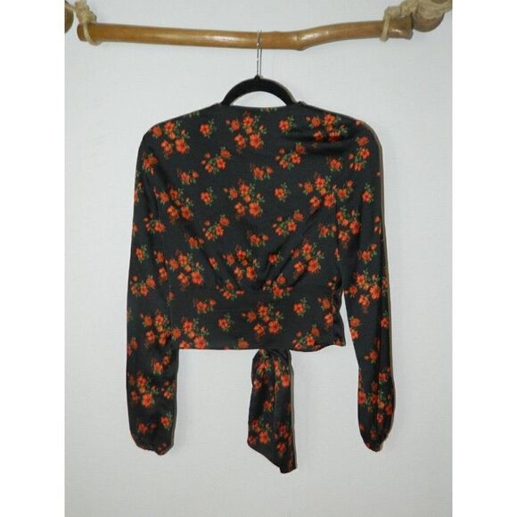 Topshop Blouse Black Red Floral Print‎ Corset Tie Cropped Long Sleeve Size 2 - Picture 2 of 8